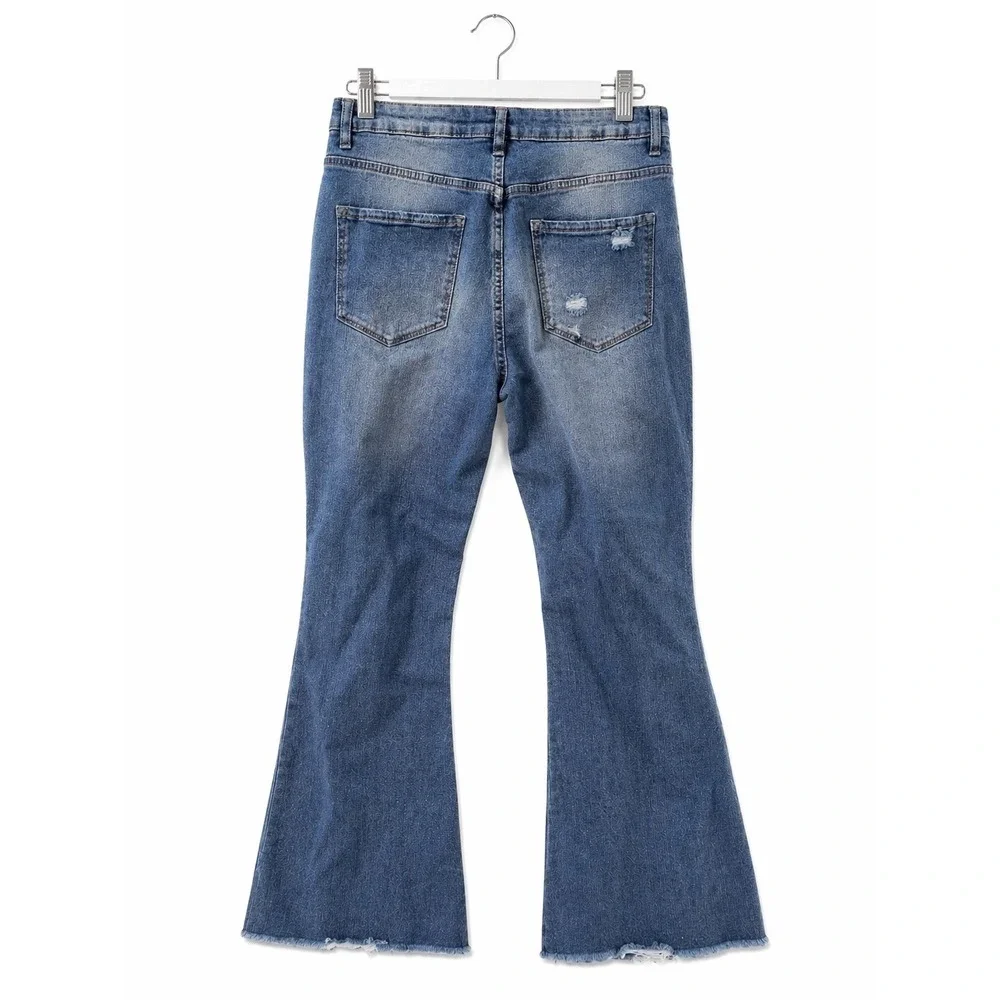 Highway Jeans Womens Distressed Flare Jeans Button Fly Raw Hem Blue 13 9055F11MM - Picture 2 of 6